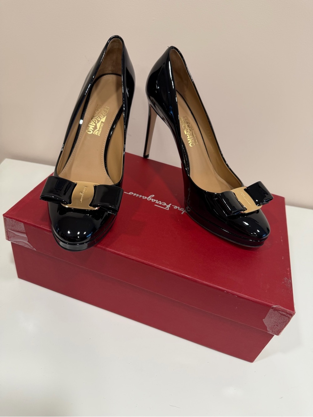 Salvatore Ferragamo Black Patent Varina Bow Stiletto Pumps